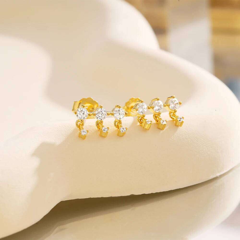 Aide 925 Sterling Silver Single Row Mini Zircon Dangling Piercing Stud Earrings For Women K Gold Simple Elegant Fine Jewelry