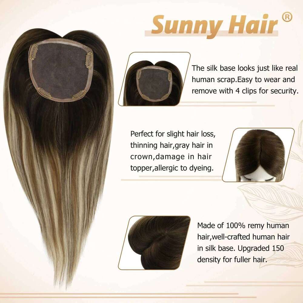 VeSunny Toppers Mono Base Topper 100% Real Hand Made Toupee with 4 Clips 13*13 cm 12-18" Human Hair
