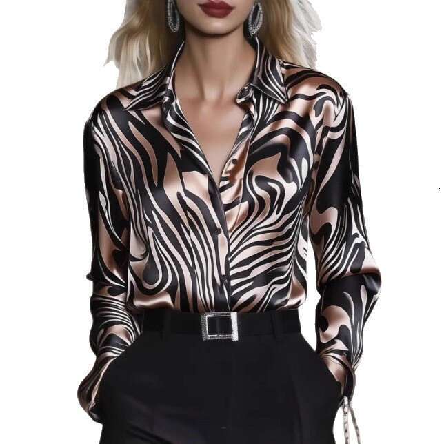 2026 New European and American Cross-Border Women's Fashion Abstract Animal Print Satin Commuter Elegant Slim Fit Long Sleeve Shirt