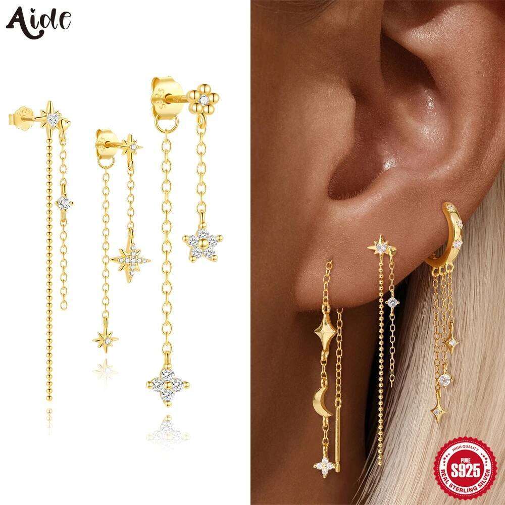 Aide 925 Sterling Silver Single 1pc Long Chain Tassel Stud for Women Shining Zircon Dangle Earring Wedding Gifts Brincos