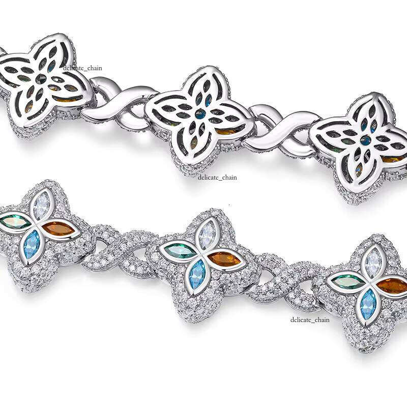 VVS Moissanite Iced Four-Leaf Clover with Colorful Gemstones S925 Silver 18k Gold Plated Hip-Hop Street Style Bracelet