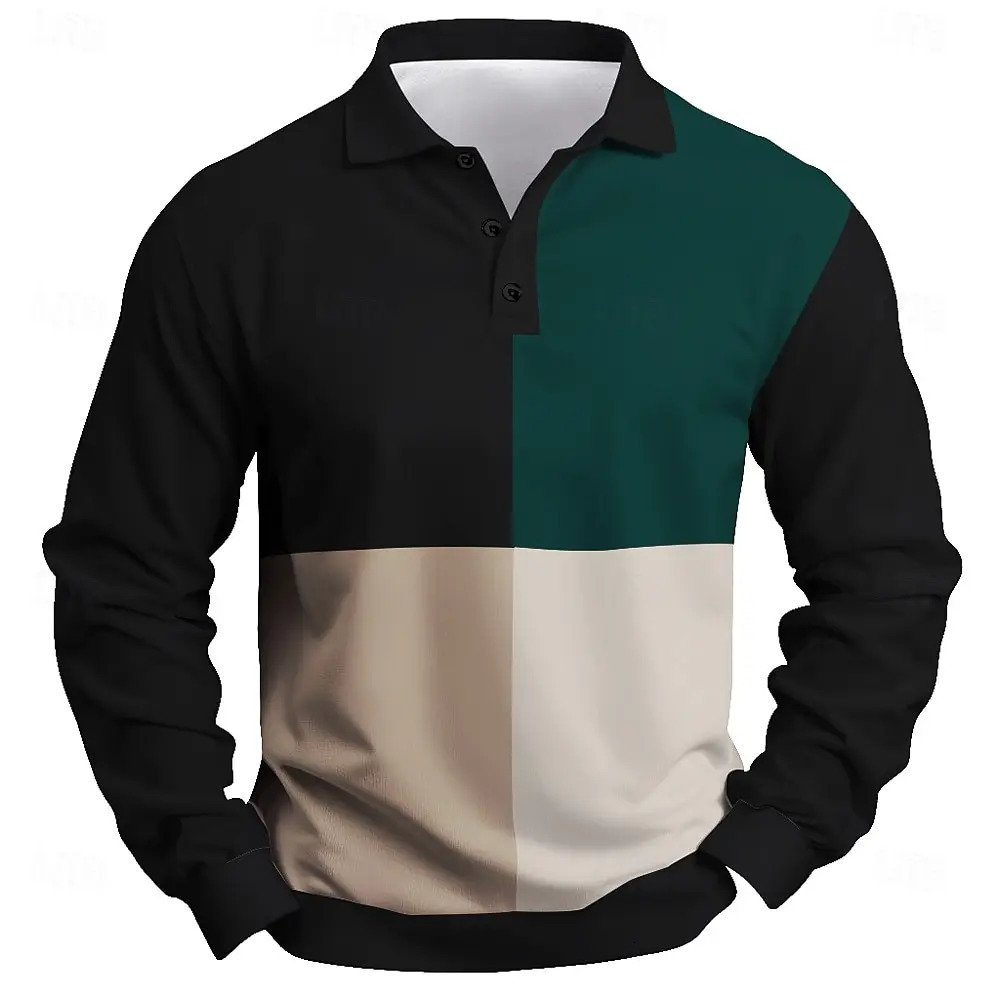 Fashion Mens Color Block Long Sleeve Polo Shirt Breathable Casual Tops Slim Fit Quick Drying Classic Collar Polo Shirt 251230