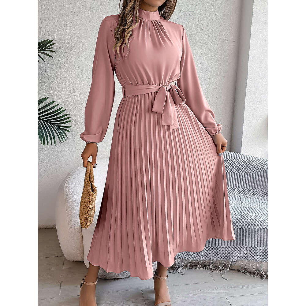2026 European and American Autumn Winter Elegant Stand Collar Sleeve Waist Pleated Long Dress Small Gown Cross-Border Women's Fashion