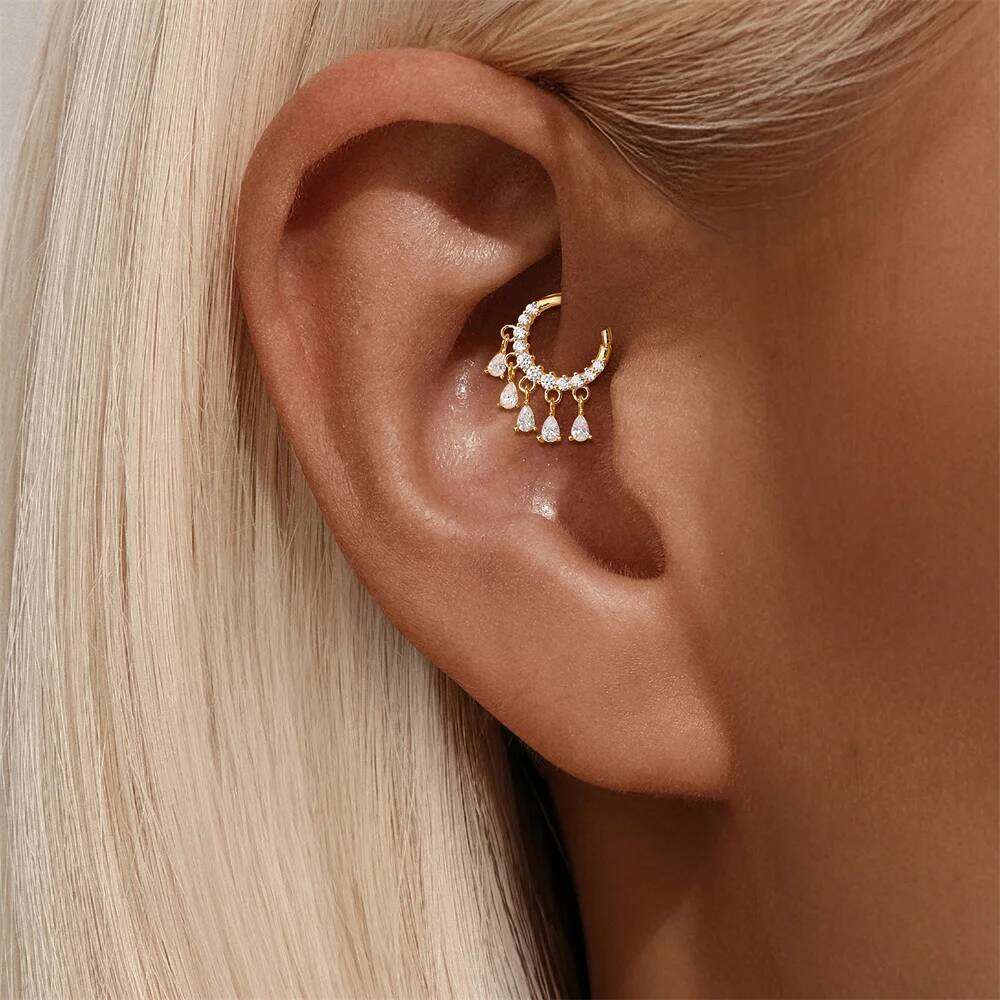 Aide 1piece S925 Sterling Silver Zircon Tassel Drop Cuff Hoop Earrings Fo Women Multi-Use Piercing Jewelry for Ear & Nose