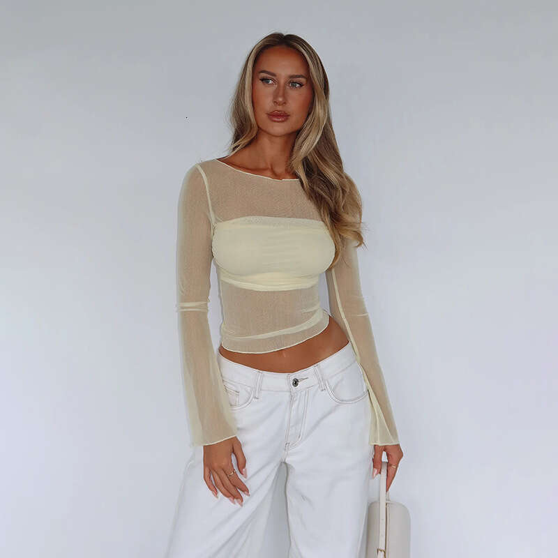 2026 Summer New Round Neck Long Sleeve Mesh See-through Waist-exposing Top Base Layer Hot Girl T-shirt