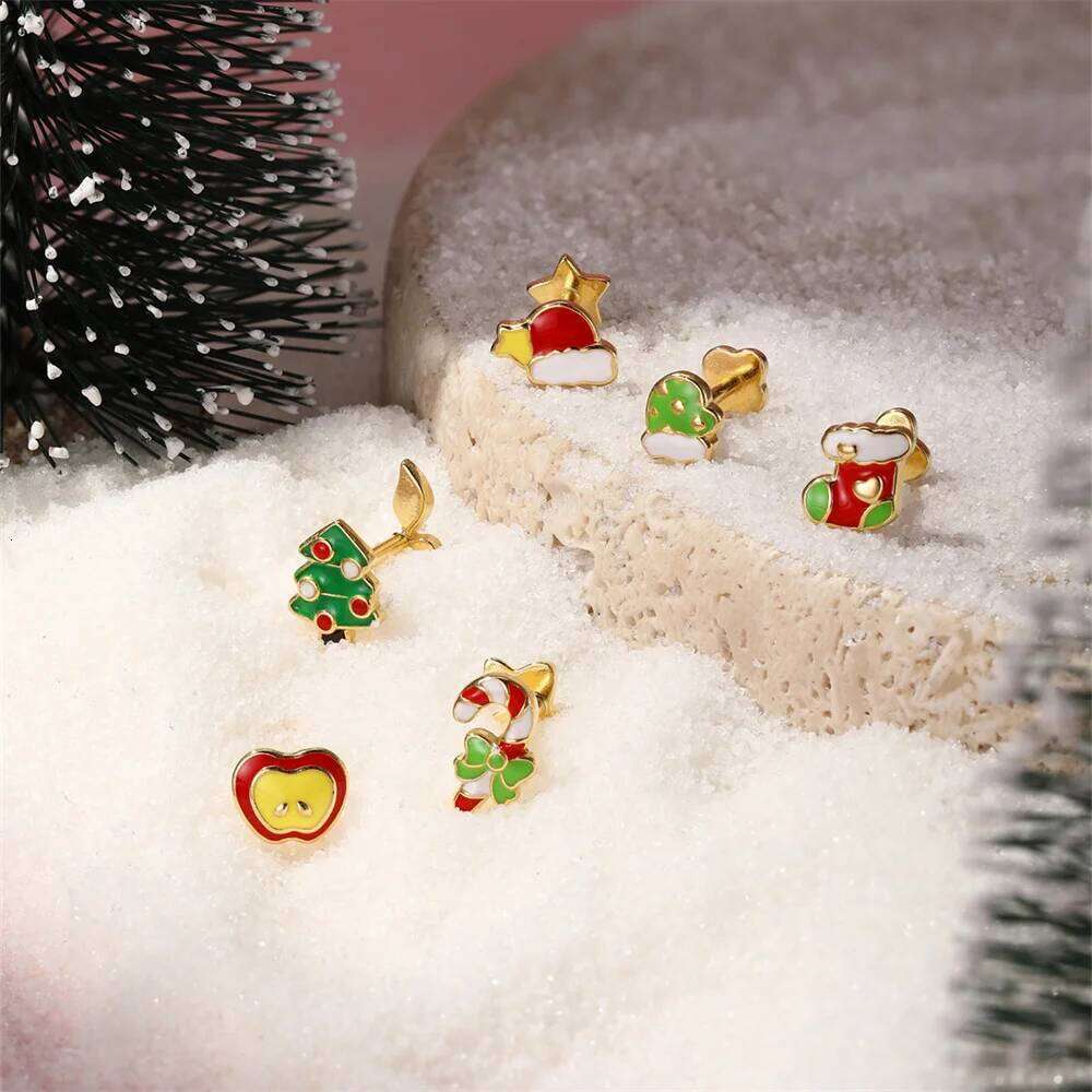 Aide 925 Sterling Silver 24 Types Piercing Golden Plated Cute Christmas Tree Socks Hat Stud Earrings Xmas Party Gift