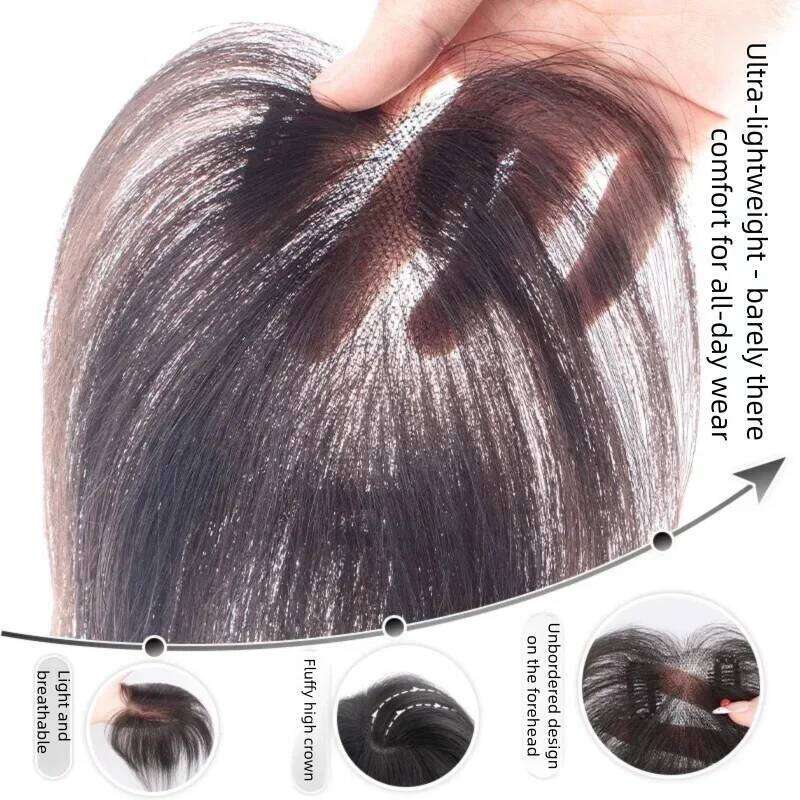 100% Handmade Human Toppers for Women - Borderless Invisible Lace Base Clip-In Hairpiece with Bangs Fringe Cover Hair Loss