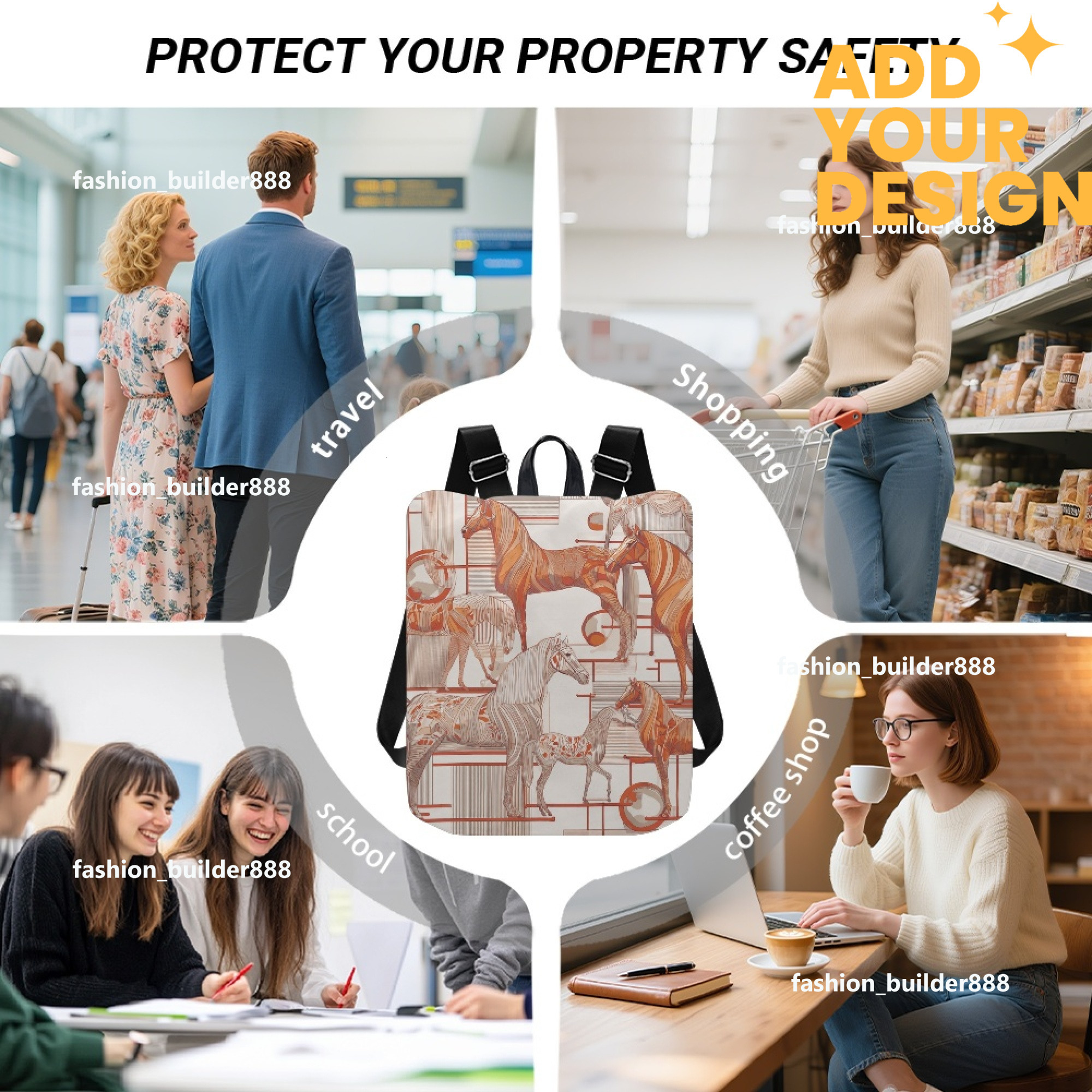 Custom H Designer Fashion Anti Theft Backpack Luxury Horse Pattern Unisex Full Print Backpack Laptop Bag Travel Bag H27