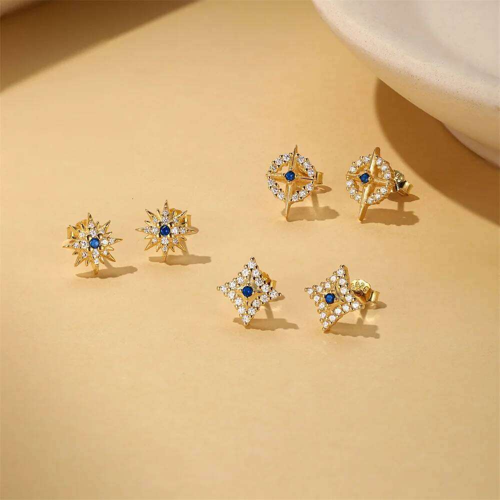 Aide 100% 925 Sterling Silver Blue Zircon Star Stud Earrings for Women Classic Luxury 18k Gold Jewelry Minimalist Accessories