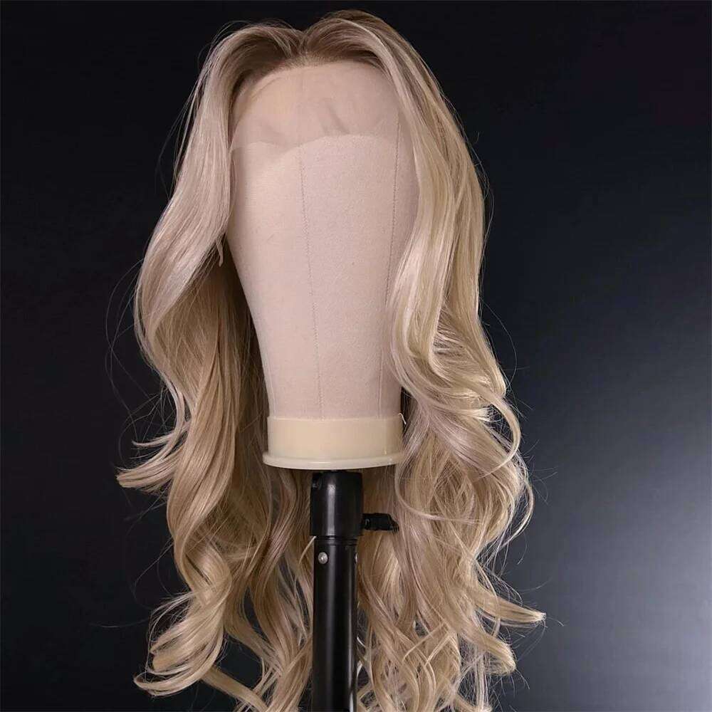 Blonde Balayage Front Free Part HD Lace Wig Realistic Look Dark Brown Roots Natural Wavy Synthetic Heat Resistant Fiber