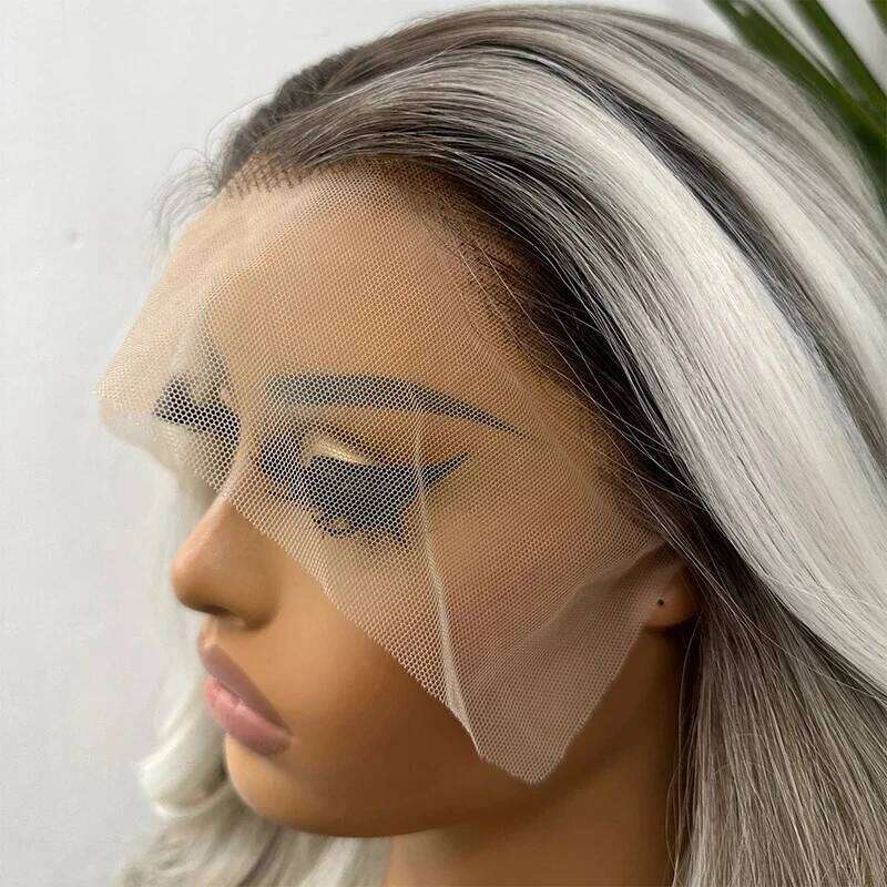 13x4 Middle Part Glueless Heat Resistant Platinum Ash Streaks Dark Roots Highlights Body Wave Lace Front Wig 26 Inch