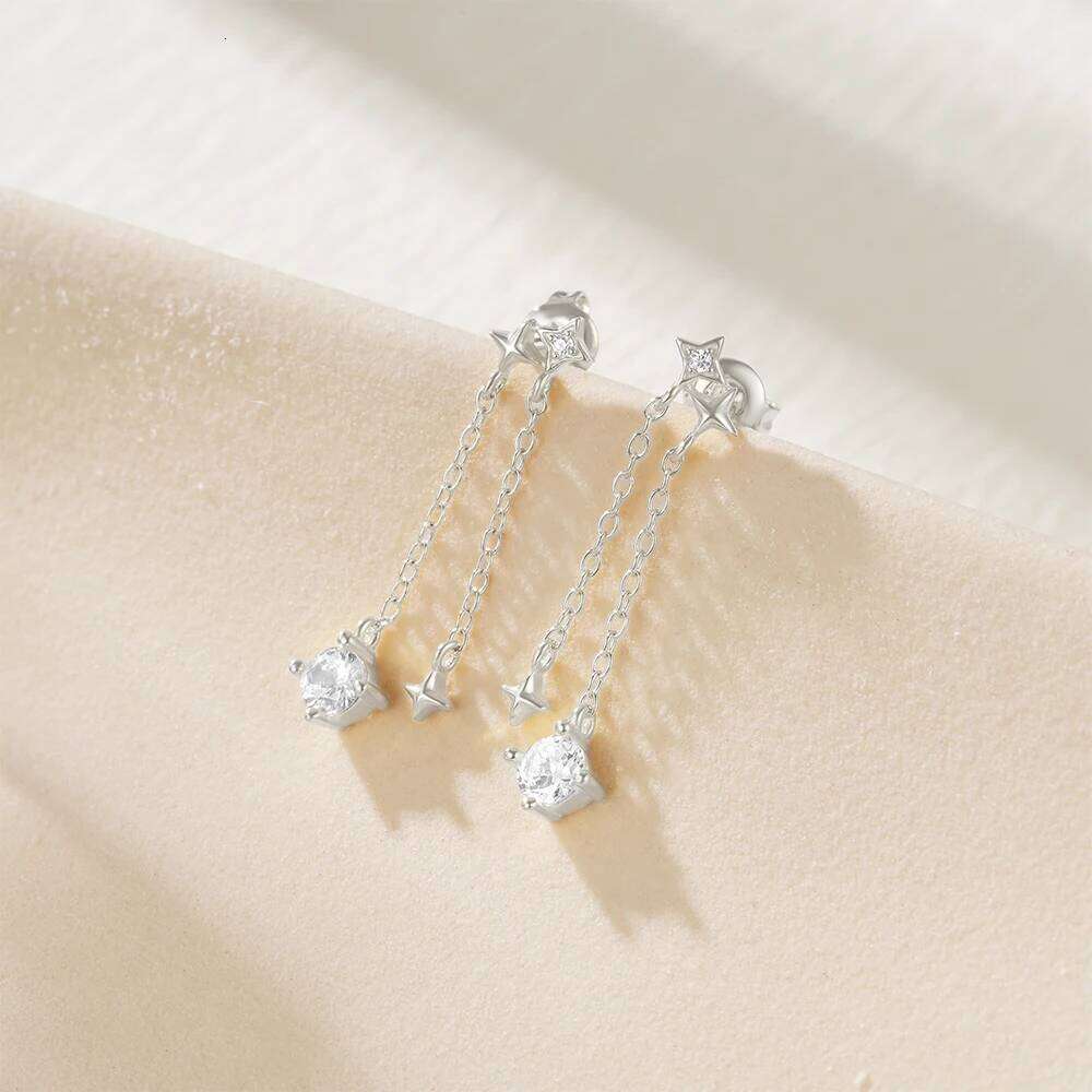 AIDE Genuine 925 Sterling Silver Shining Moon and Star Dangle 18K Gold Plated New Trends Chains Earrings Studs Jewelry