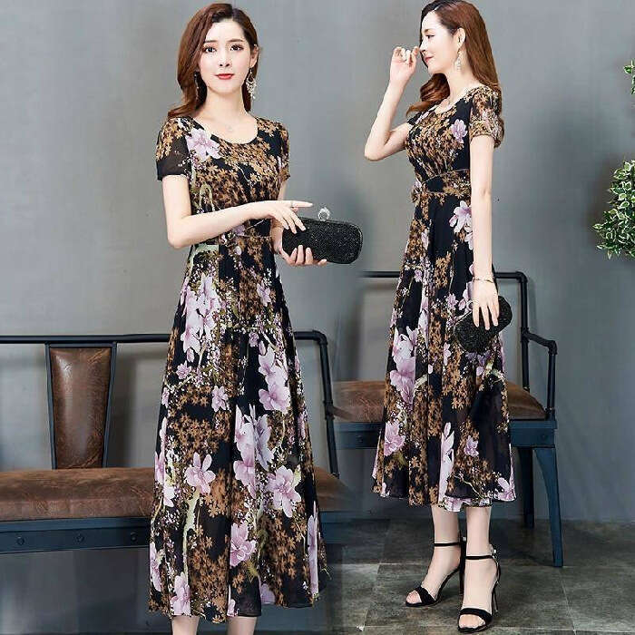 Women's Short Sleeve 2026 Summer New Korean Style Printed Round Neck Elegant Slimming Mid-Length Dress for Women