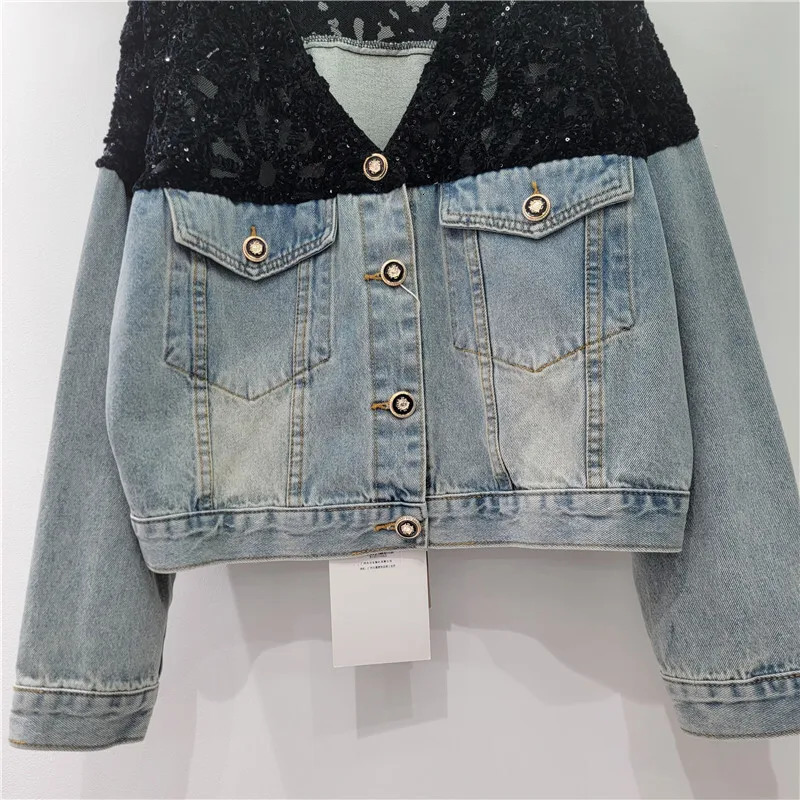DEAT Womens Denim Jackets Vneck Patchwork Sequins Long Sleeve Perspective Shoulder Coats Summer Fashion 29A968 251229