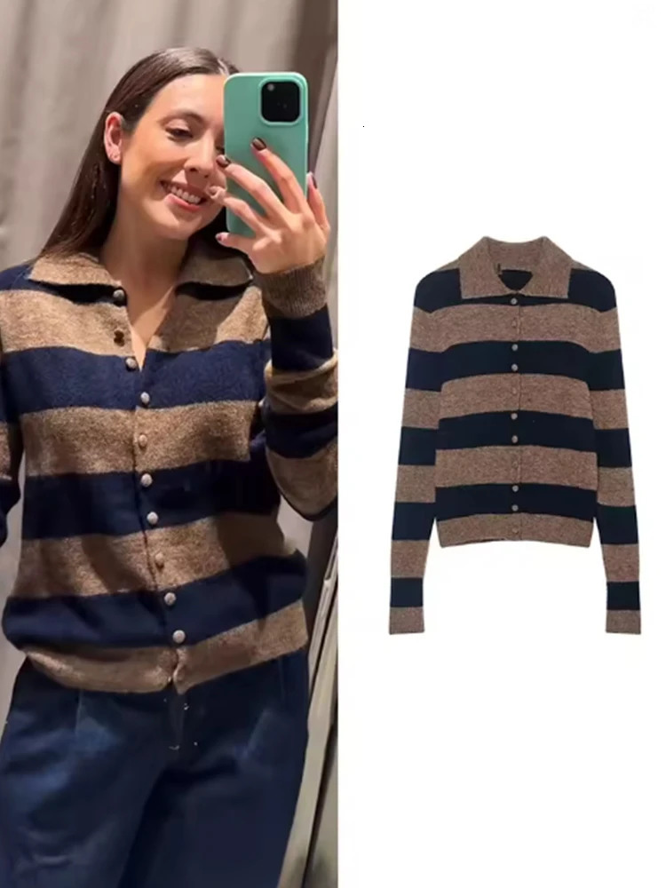 Womens Contrast Striped Knit Cardigan Autumn And Winter Loose Short Sweater Coat Color Matching 251229