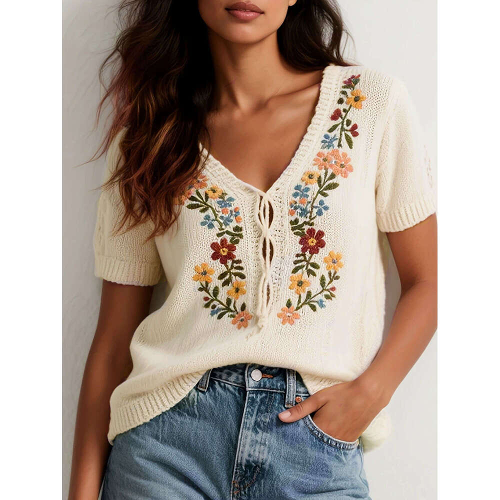 2026 European and American Cross-Border Women's Forest Style Retro Floral Embroidered Knitted Sweater Loose Fresh Versatile Knitwear