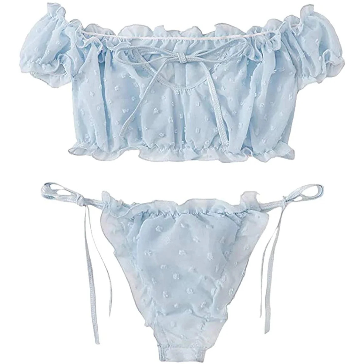 2PCS Off Shoulder Lace Up Bikini Set Women Sweet Casual Short Sleeve Swimsuits Beachwear Bathing Suits Sexy Lingerie 251231