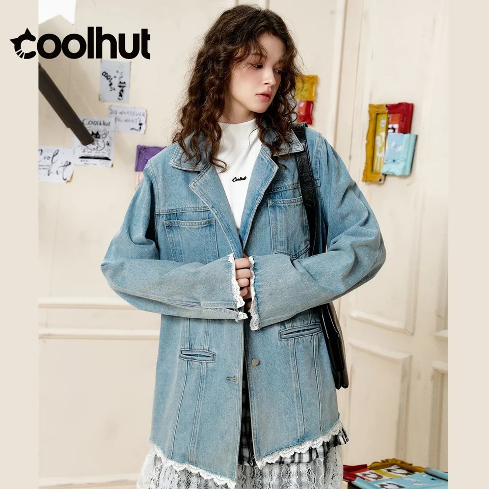 COOLHUT Lace Trim Patchwork Oversized Pocket Fall Womens Denim Jacket Autumn MidLength American Casual Vintage Outerwear 251231