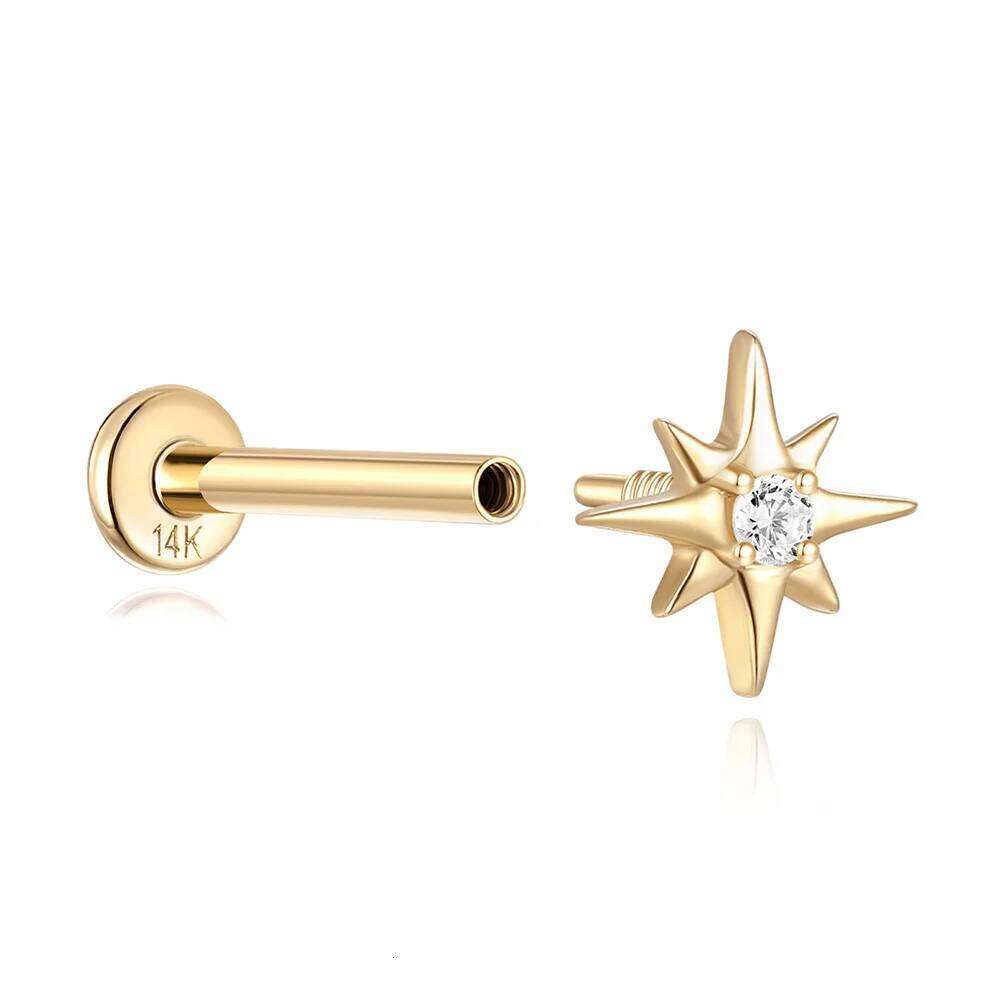 Aide Real 14K Solid Gold Unique Stud Dainty Mini Moon Crystal Earring Simple Minimal Piercing Ear Bone Studs Vintage Jewelry 1pc