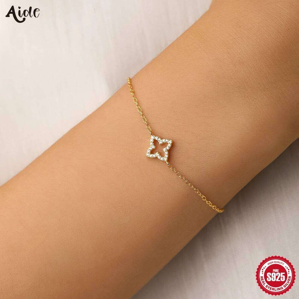 Aide 925 Sterling Silver Four Leaf Clover Star Adjustable Bracelet for Women Girls Vintage Simple Hollow Jewelry Accessories
