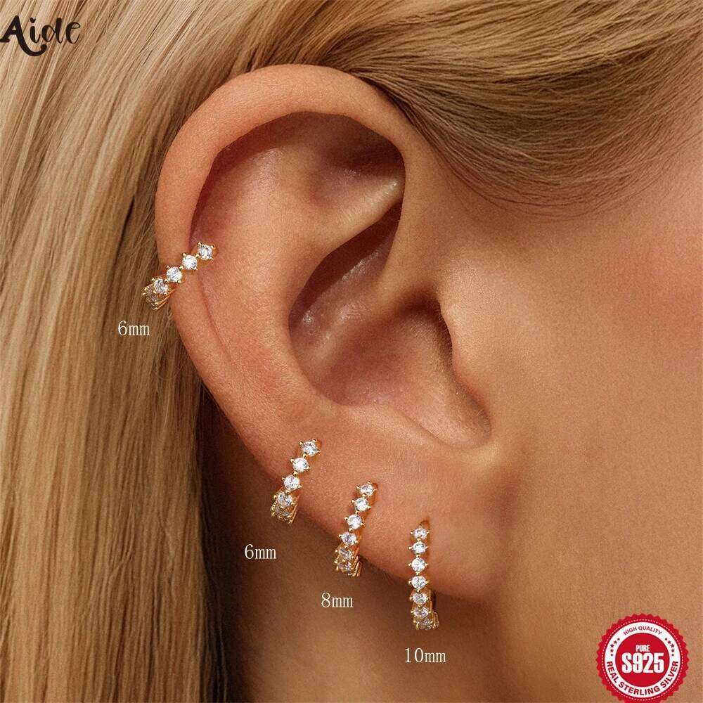 Aide 1 Piece S925 Sterling Silver Zircon Hoop Earrings Multi Size 6/8/10mm Crystal Cartilage Hoops for Women Fashion Jewelry