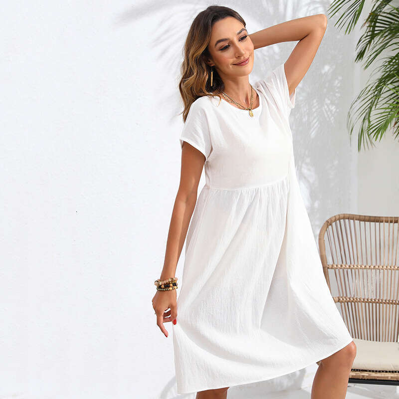 2026 Cross-Border Fashion Summer OL Style Cotton Linen Round Neck A-Line Pocket Dress