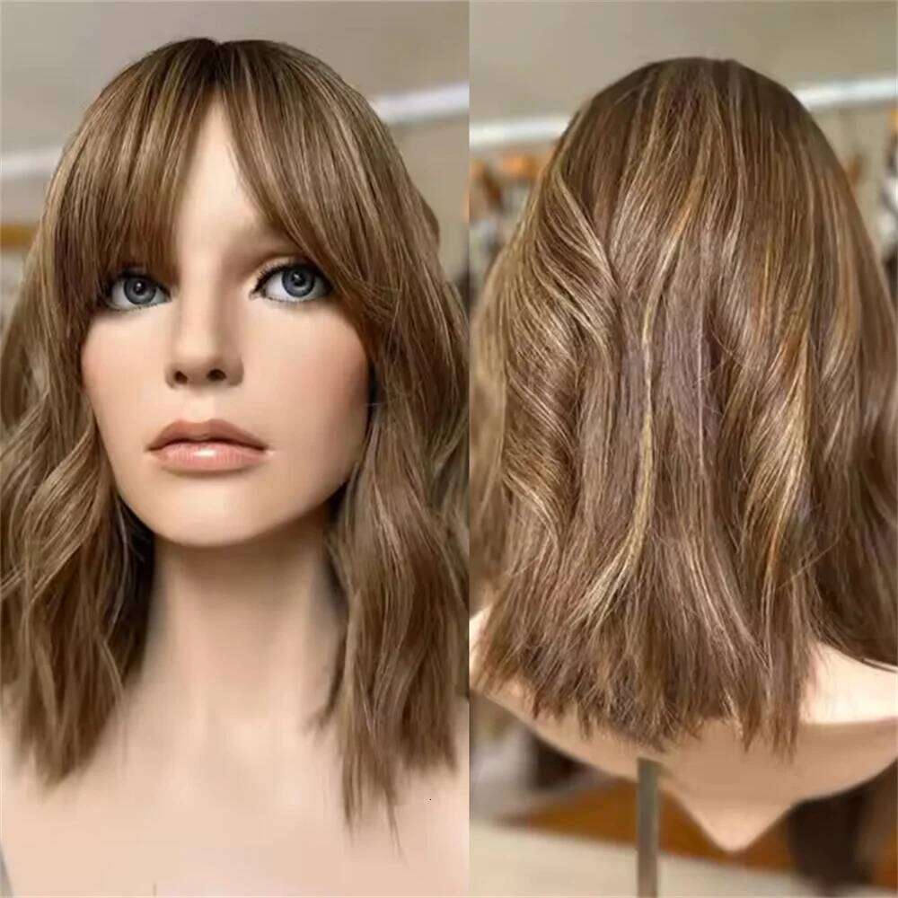 Chocolate Brown with Bangs Caramel Blonde Highlights 13x4 Lace Front Wigs Synthetic Glueless Wig Natural Wave Realistic