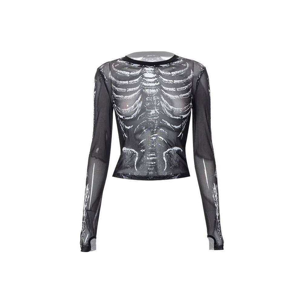 Spring/Summer Gothic Punk Shirt 2000s Women's Skull Pattern Round Neck Long Sleeve Black y2k T-shirt Street Wear