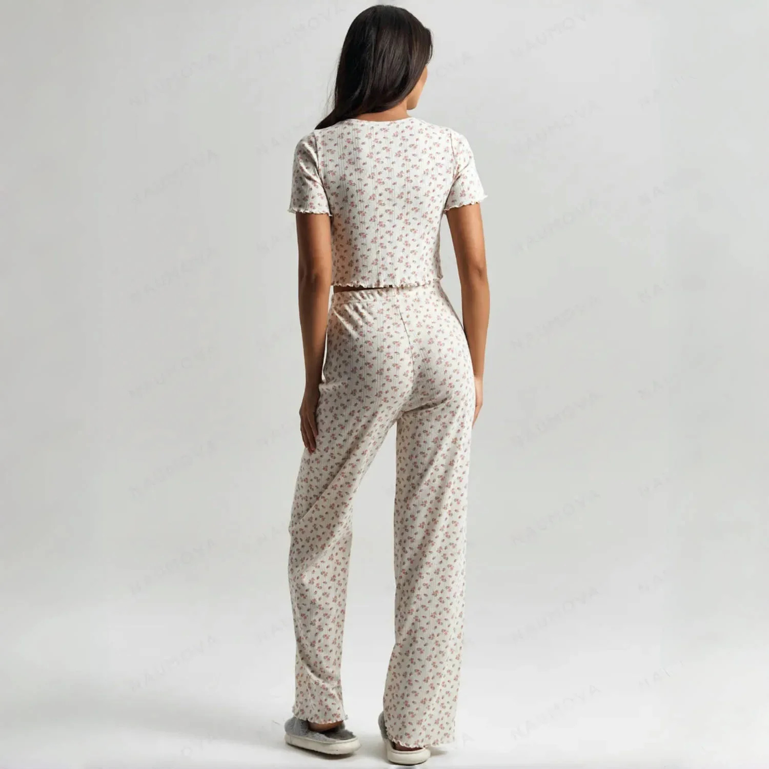 Women Pajamas Set SpringSummer Womens Small Floral Curled Skinny Short Sleeve Pants Loungewear Twopiece 251231