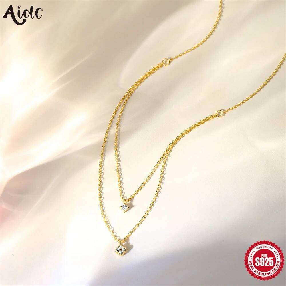 Aide 925 Sterling Silver Simple Zircon Choker for Women Fashion Double Layer Chain Small CZ Pendant Necklace Jewel Gift