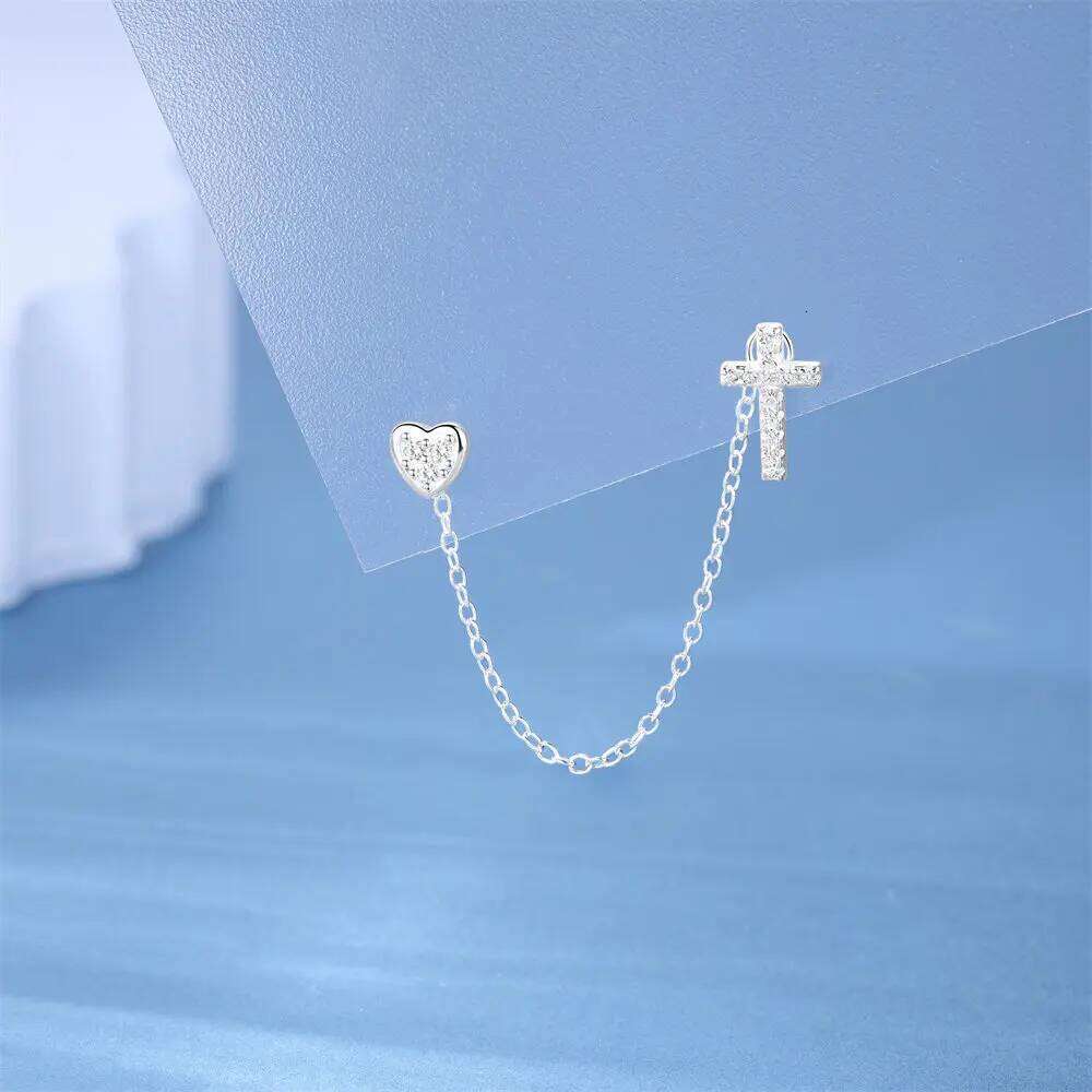 Aide 1pc 925 Sterling Silver Cross & Heart With Chain Two Stud Earrings For Women Hypoallergic Elegant Piercing Easter Jewelry