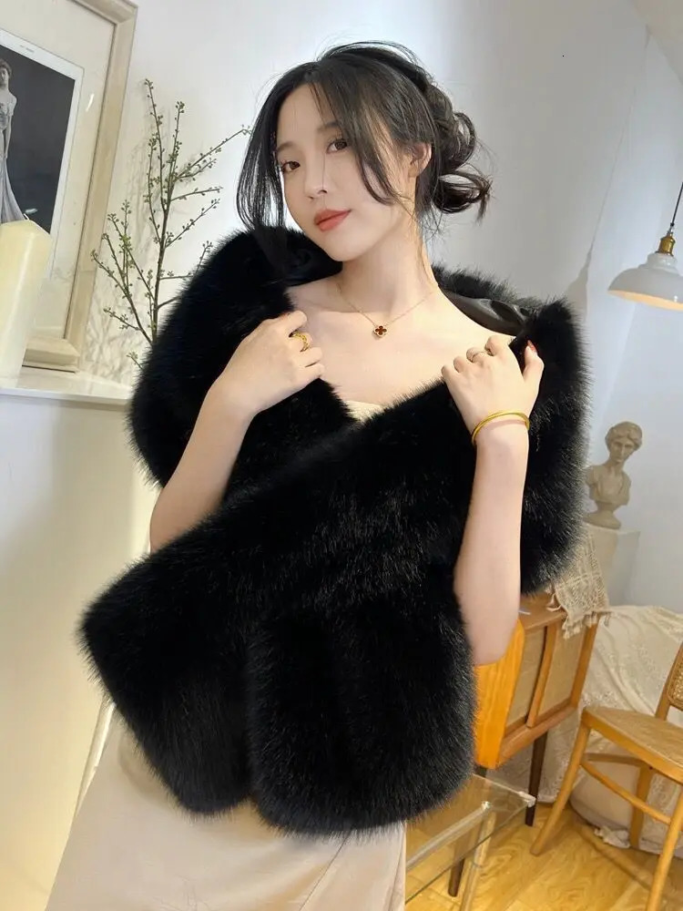 2025 Elegant Faux Fox Fur Shawl Women Scarf Collar Winter Warm Cape Wedding Solid Pashmina Plush Wrap 251225