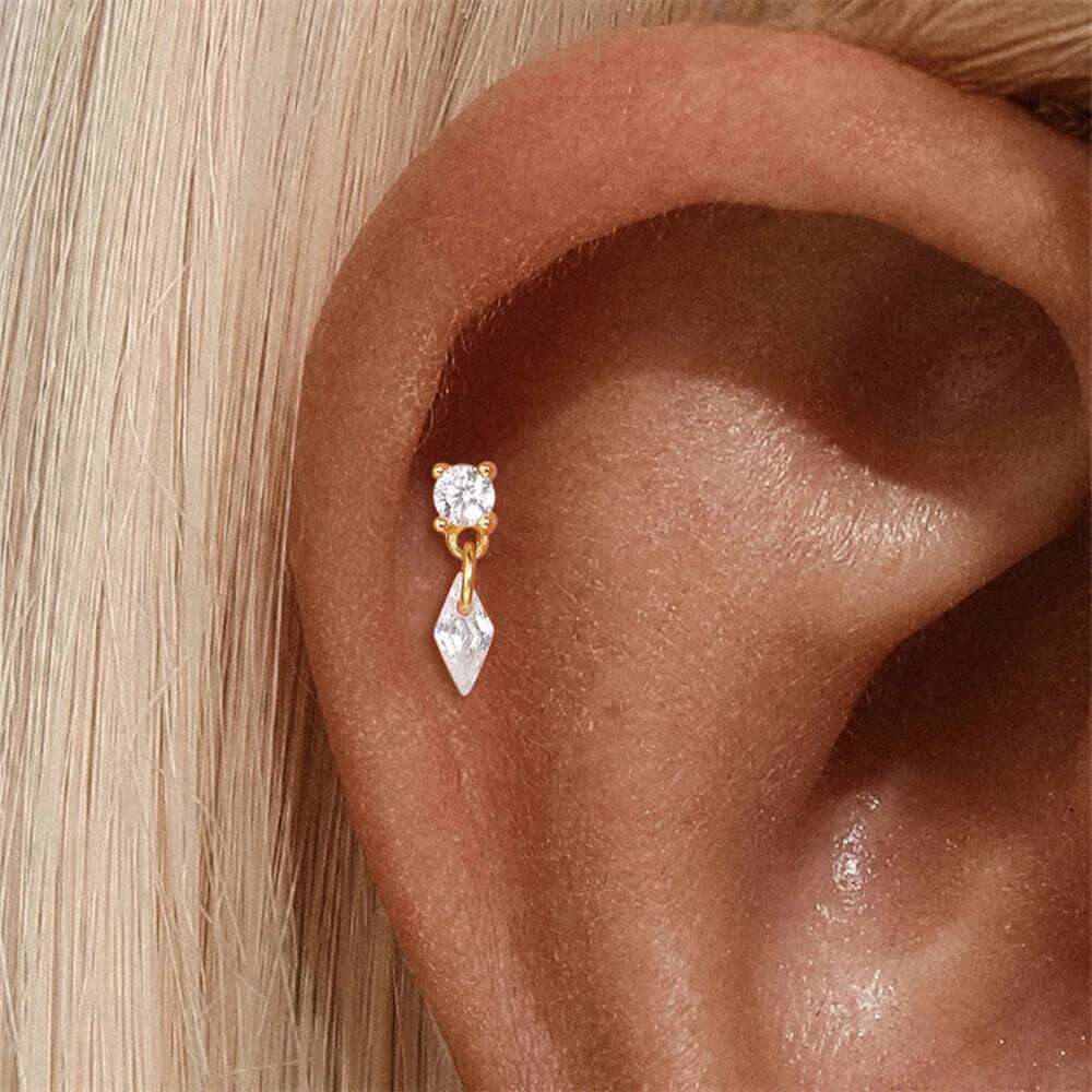 Aide 1pc 925 Sterling Silver Zircon Geometric Piercing Earring for Women Gold Shiny Tassel Stud Earrings Party Wedding Jewelry