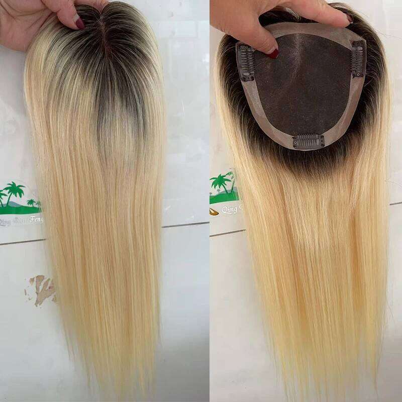 T1B/613 Mono Hand tied Monofilament PU Topper 14INCH Top Toupeer Breathable Hair Piece with Clip For Women T2/613 T4/613