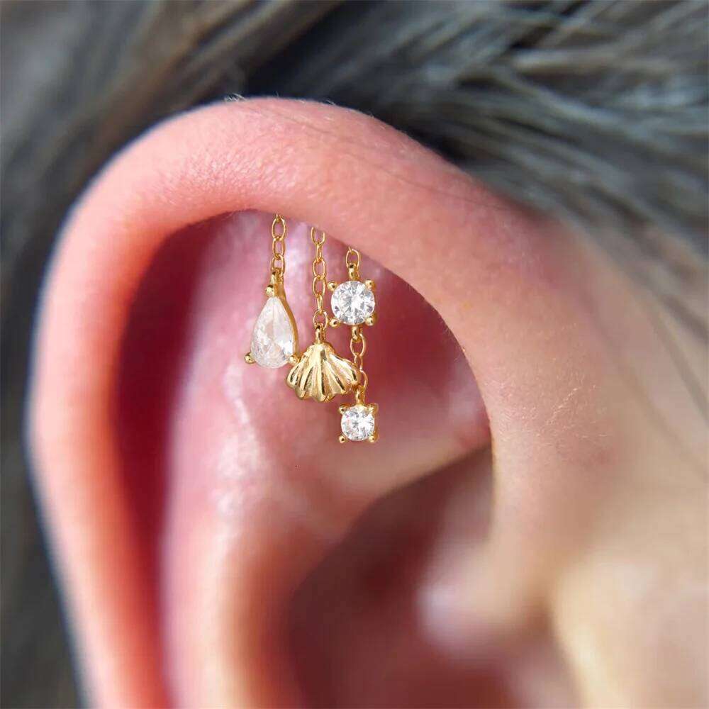 Aide S925 Sterling Silver Tassel Threaded Piercing Stylish Zircon Dangle Cartilage Ear Studs Earrings Jewelry for Women