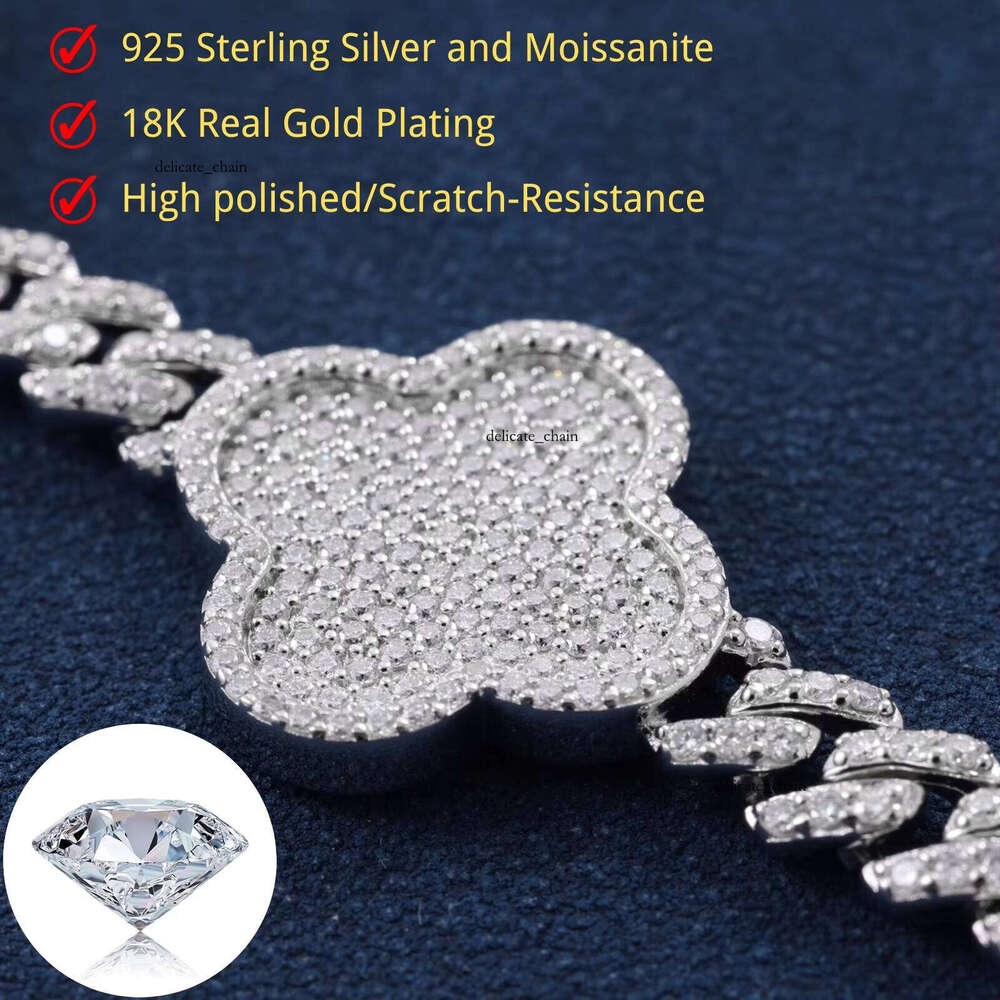 Fashion 16mm Clover Bracelet Full Diamond VVS D Moissanite 925 Sterling Silver Bangle Iced Out Hip Hop Jewelry