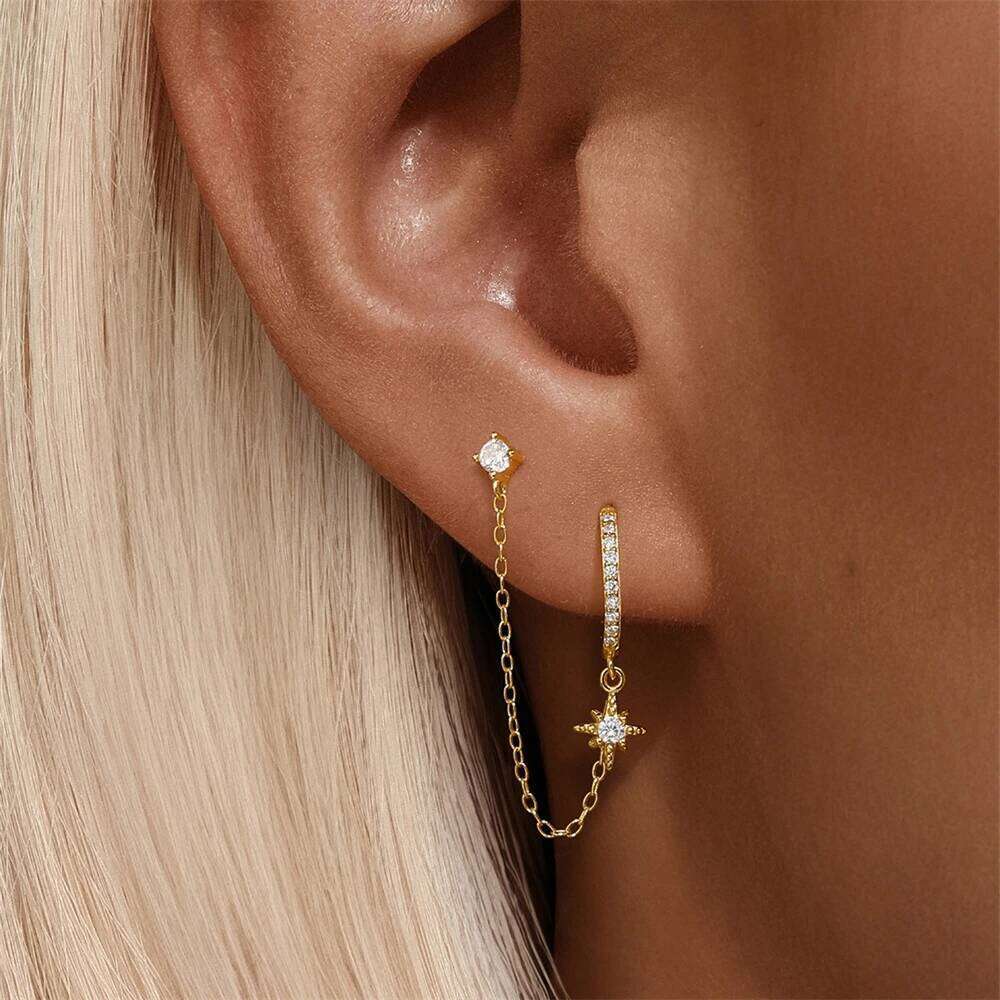 Aide Single 1PC Earring With Chain 925 Sterling Silver Bingling Crystal Huggie Earrings Party Jewelry Piercing Earlobe Studs