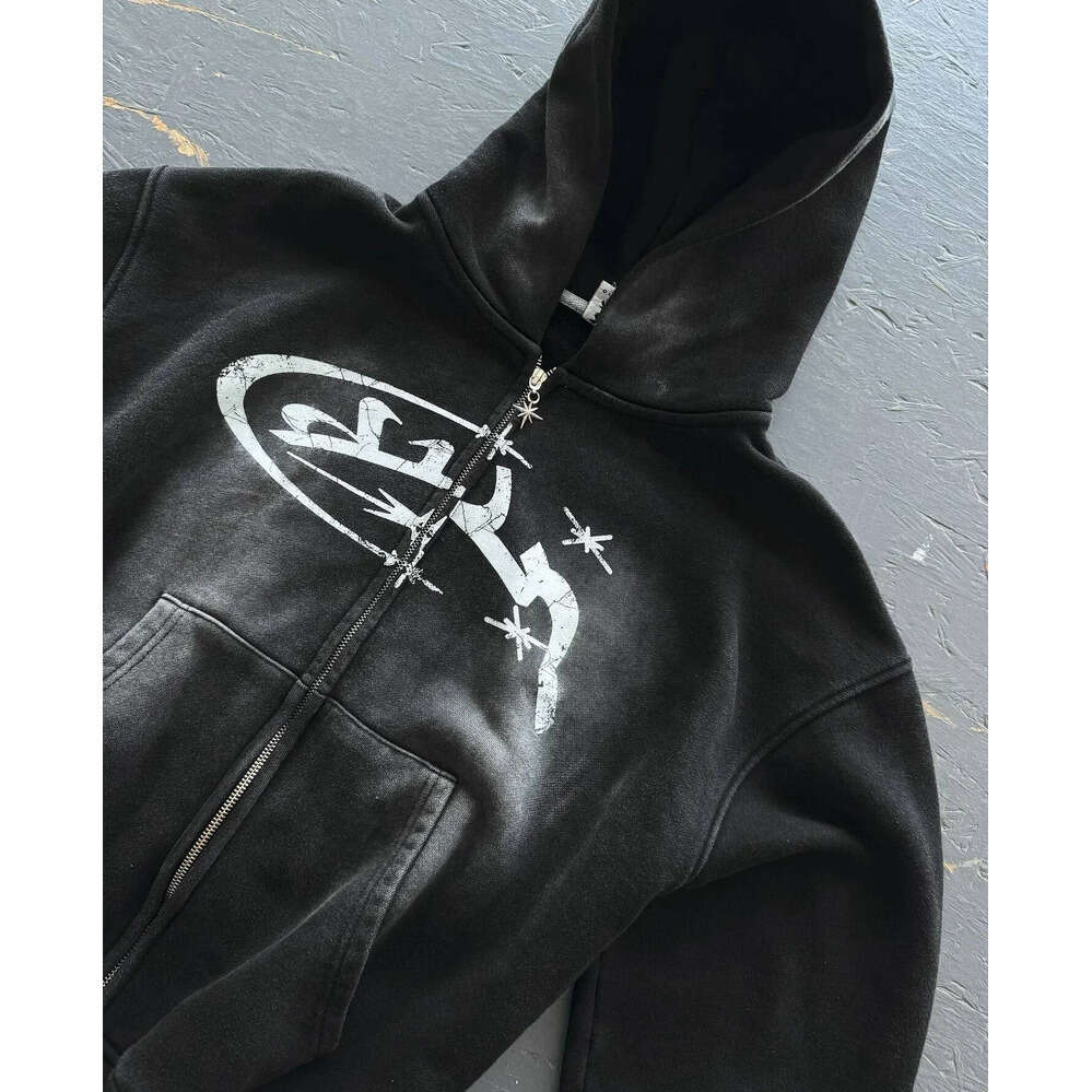 Zhehan Y2k Zip Up Hoodies Vintage Fashion Print New Harajuku Hip Hop Long Sleeve Coats Loose Hooded Sweatshirt Men and Women Streetwear