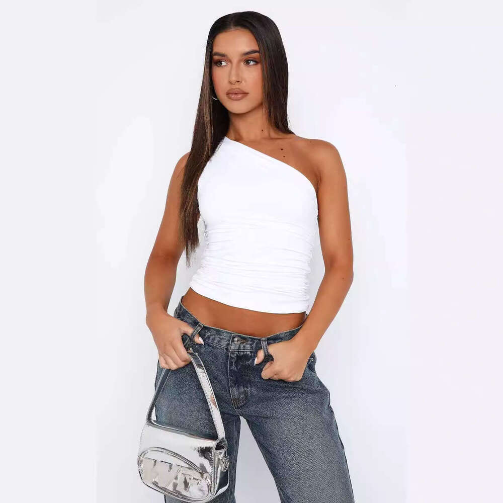 S32213 European and American Style Spring Summer New Y2K Hot Girl Women's Clothing Off-Shoulder Sleeveless Sexy T-Shirt Design Slim Fit Top