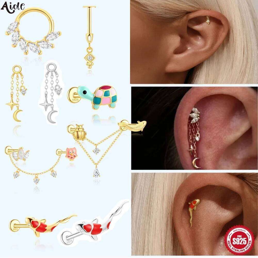 Aide 1pc Plata 925 Sterling Silver 18K Gold Color Animal Piercing Earring For Women Enamel Lucky Koi Fish Ear Bone Studs Jewelry