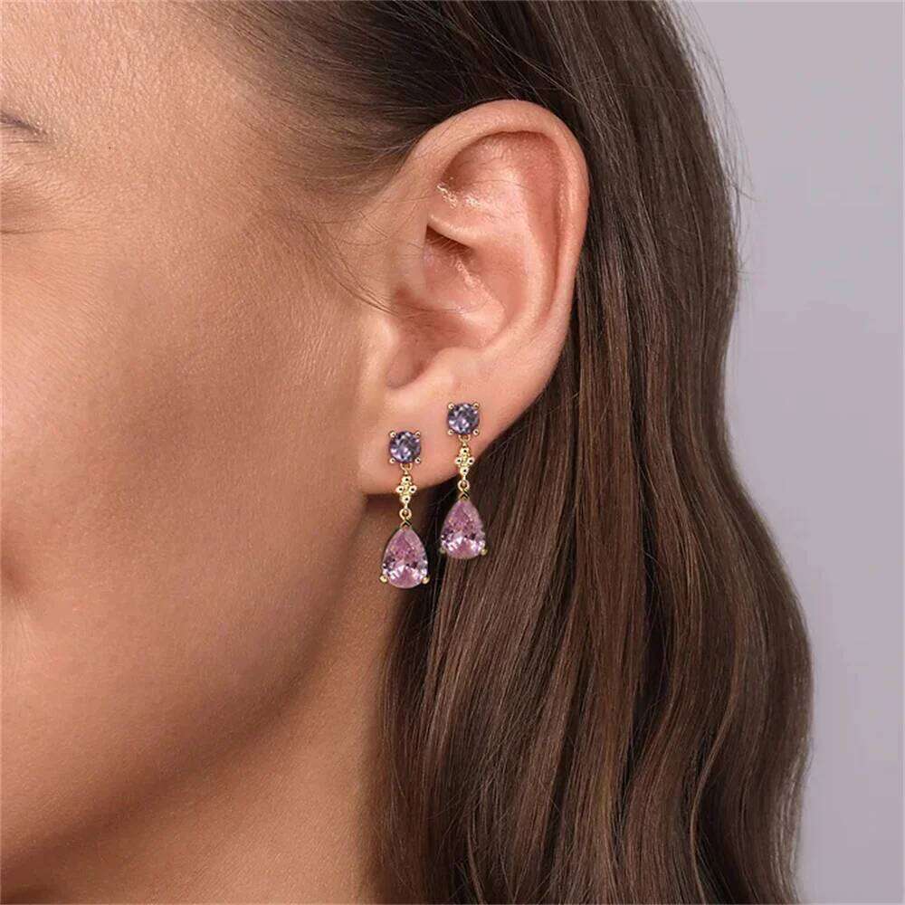 Aide 925 Sterling Silver Purple Pink Water Drop Zircon Stud Earrings For Women Elegant Sweet Jewelry High Quality Pendientes