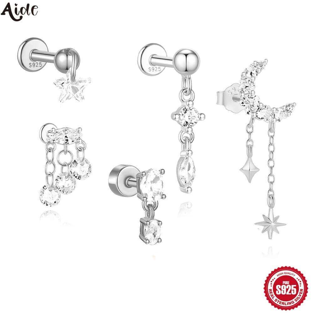 Aide 1pc 925 Sterling Silver Moon Stud Earrings For Women Flat Head Threaded Puncture Ear Bone Studs Ins Pendientes Jewelry