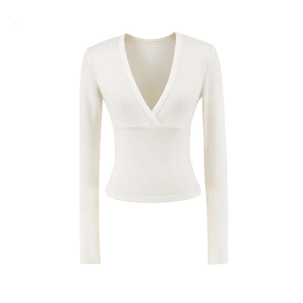 American Style Spicy Girl Subtle Deep V-Neck Waist-Cinching Long Sleeve T-Shirt for Women Autumn Stretchy Slim Fit Base Layer Slimming Inner Top