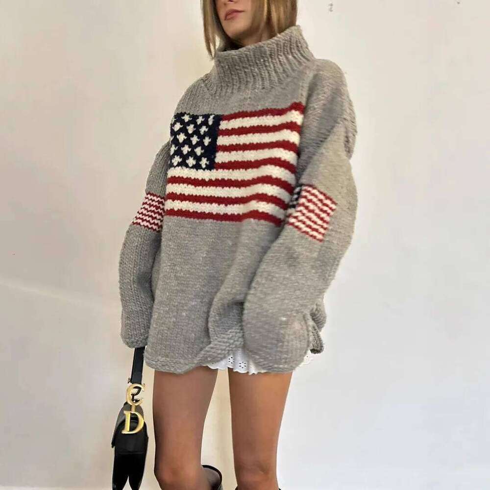 Y2k Flag Pattern Sweater Women Oversized Knit Pullover Vintage Streetwear Casual Warm Loose Fit Fall Jumper
