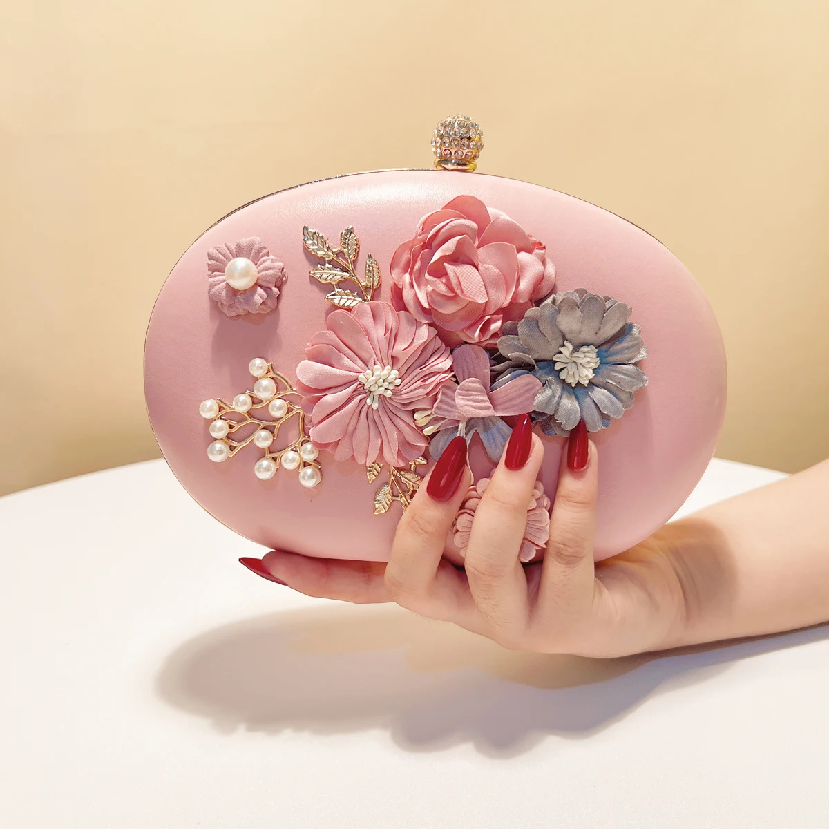 Flower Evening Bags Pink Color Women Small Clutch Purse With Chain Shoulder Flap Diamonds Beading Box 251231