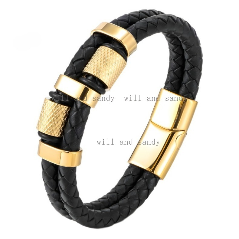 Multilayer Leather Braid Stack Bracelet Wristband Bangle Cuff 18k Gold Plated Cross Leaf Boat Anchor Charm Magnetic Buckle Bracelets for Men Birthday Gift Jewelry