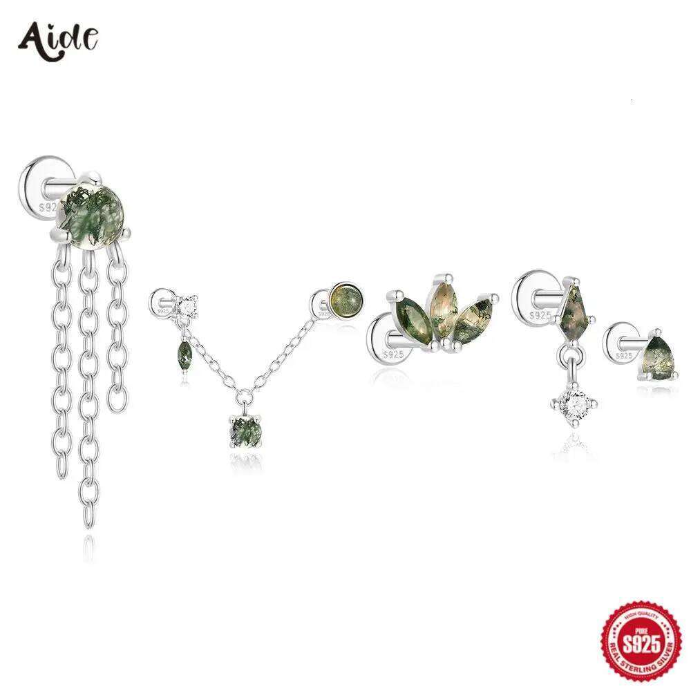 Aide 925 Sterling NEW Arrival Natural Green Agate Stud Earring Hypoallergenic Silver Color DIY Studs Female Body Jewelry