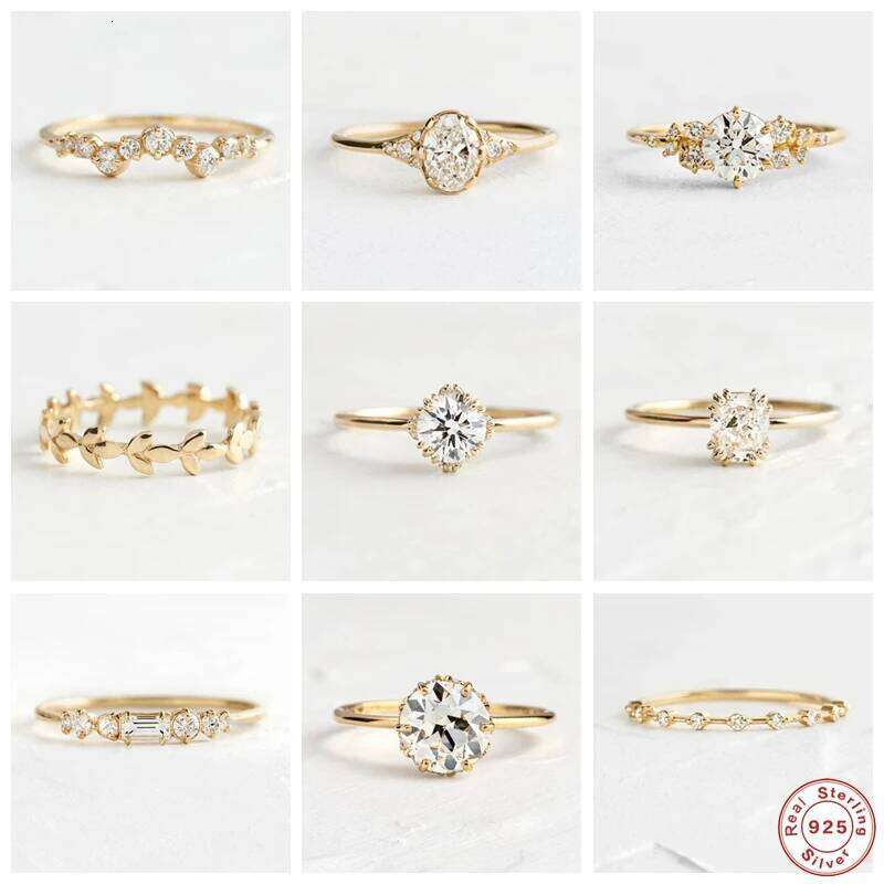 Aide 925 Sterling Silver Gold Single Round Zircon Crystal Rings Women Cubic Zirconia Jeweled Leaf Loop Wedding Engagement Ring