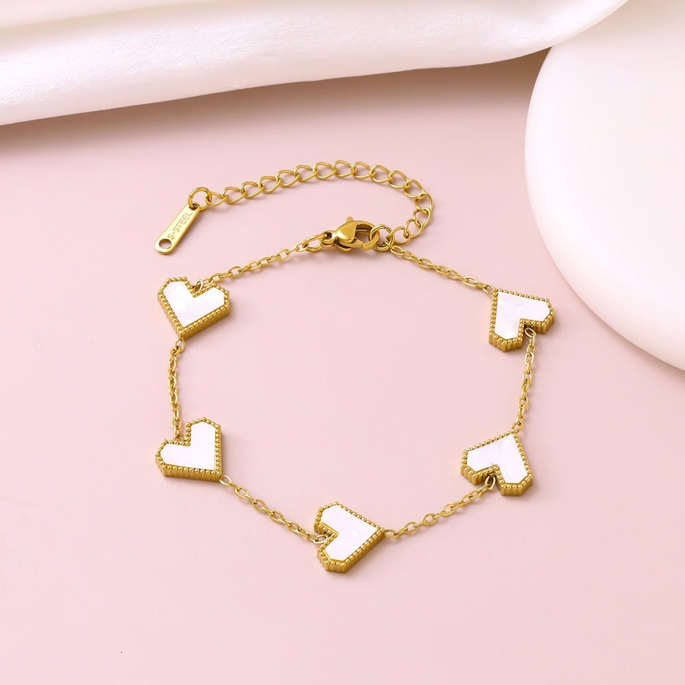 Luxury Brand Designer Jewelry Stainless Steel Single-Sided Heart-Shaped Rhombus Four-Corner Mother-Of-Pearl Bracelet Light Luxury High-End Exquisite F