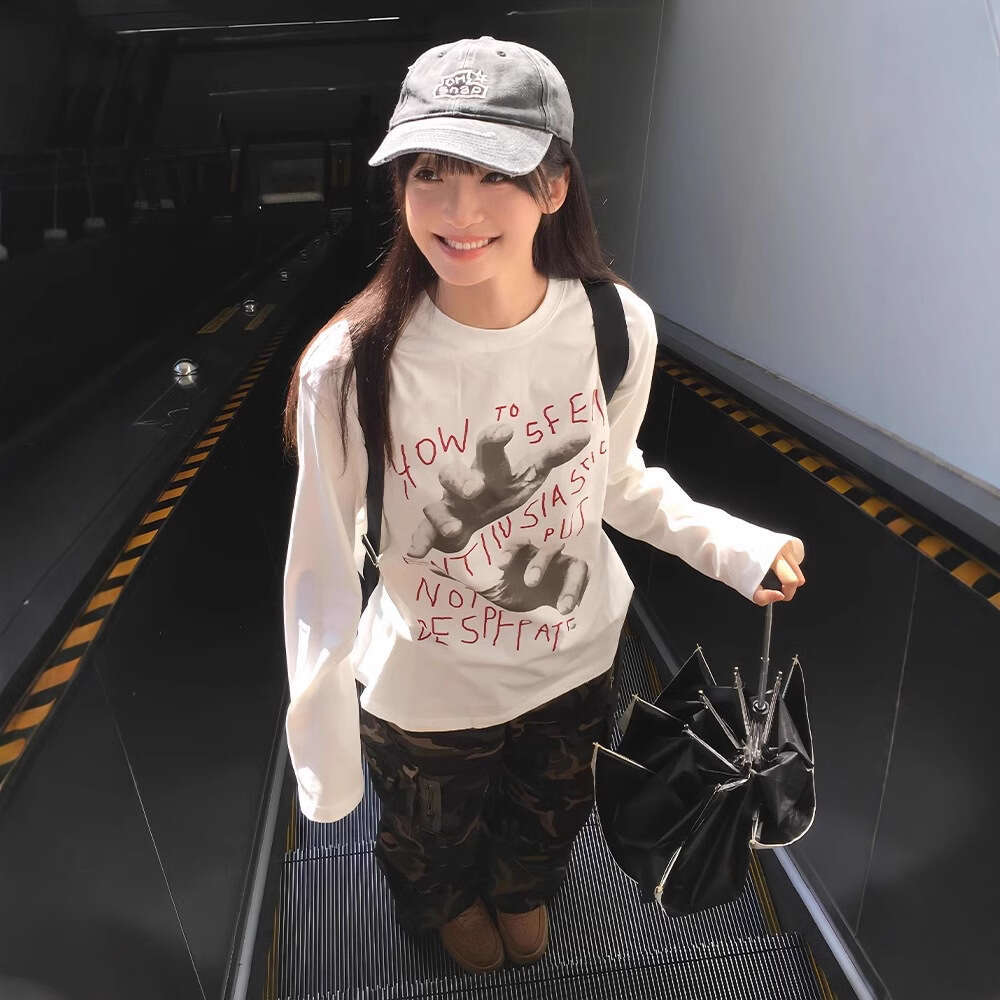 American Retro Style Inner Wear Women, Niche Color-Block T-Shirt, Autumn Thin Loose Base Shirt, Oversize Long Sleeve for Women